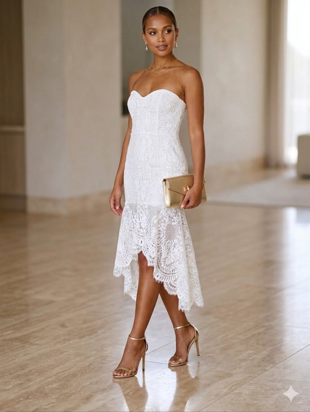 Shona Joy White Lace Strapless High-Low Midi Dress. Size US 8. High End Designer